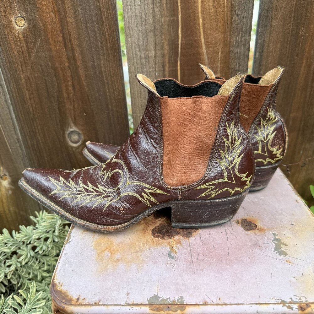 Worn Embroidered Leather Western Ankle Boots